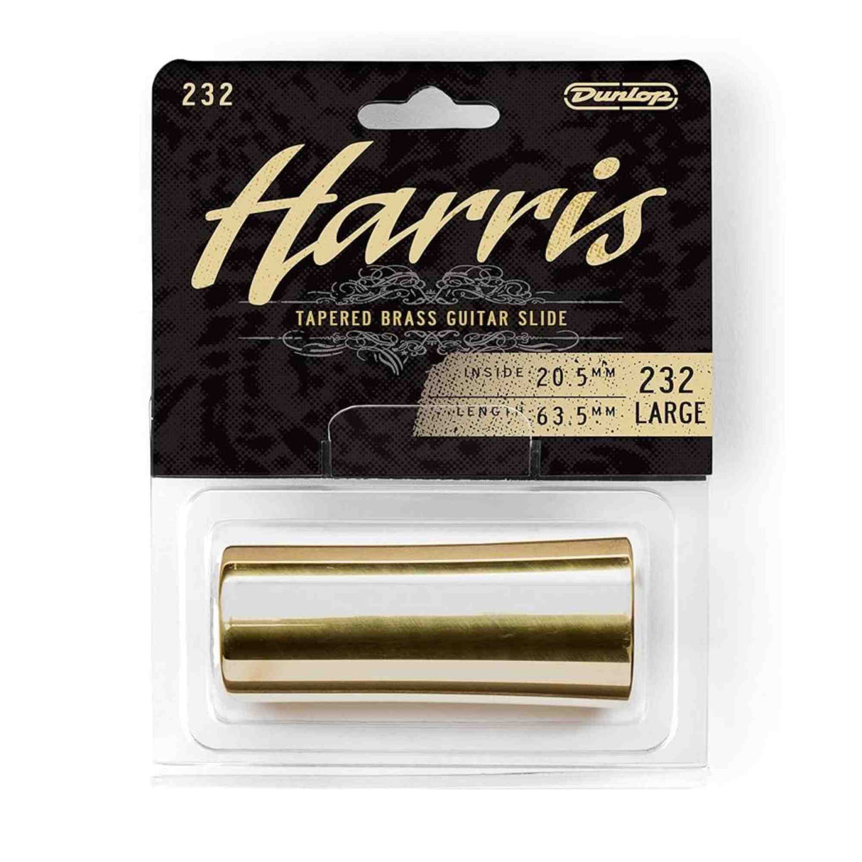 The image shows a Harris Tapered Brass Guitar Slide by Dunlop, a polished brass tube used for slide guitar playing. The packaging highlights the brand Harris, model 232, size large, with an inside diameter of 20.5mm and length of 63.5mm. The slide’s tapered design is ideal for creating smooth, gliding tones common in blues, country, and rock music. It is presented in a clear blister pack with black and gold branding.