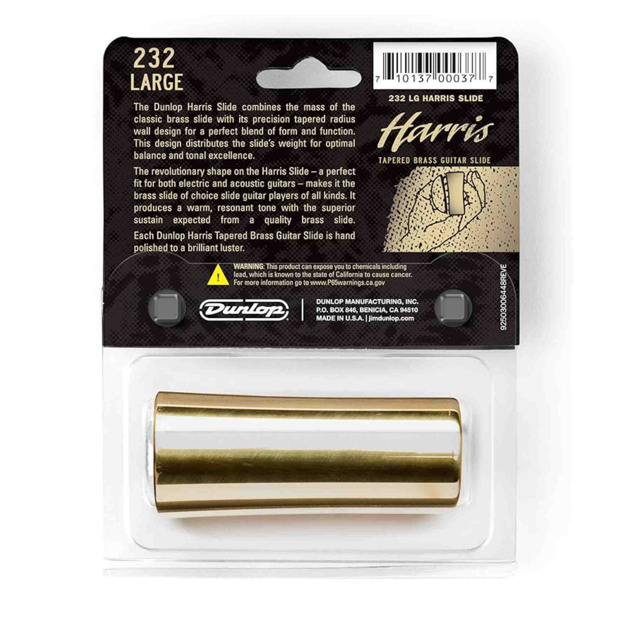 The image shows a Dunlop Harris Slide (model 232 Large), a tapered brass guitar slide with a gold finish. Designed for electric and acoustic guitars, it offers balanced weight, warm tone, and superior sustain. Hand-polished for a bright luster, it comes in professional retail packaging with Dunlop branding, made in the USA. Ideal for smooth slide guitar playing and enhanced control.
