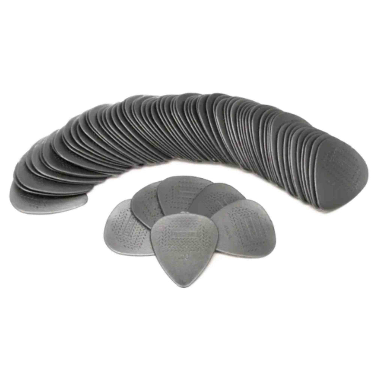 The image shows dozens of black or dark gray teardrop-shaped guitar picks arranged in a curved, fan-like pattern, with a few displayed separately in the foreground. These matte-finished picks likely have a grip texture to prevent slipping and are made of plastic. This bulk collection is practical for musicians who need multiple picks for playing, practice, or performance.