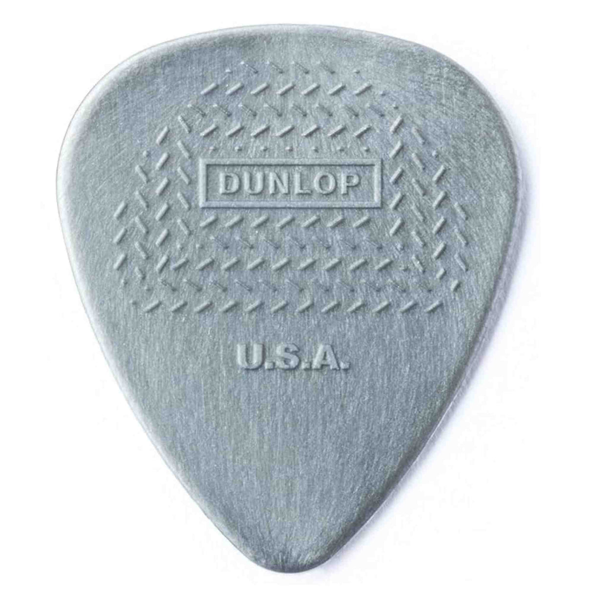 The image shows a gray Dunlop guitar pick with a classic teardrop shape. It features the "DUNLOP" brand and "U.S.A." marking, indicating it is made in the United States. The pick has a textured grip with diagonal ridges to prevent slipping, along with a pointed tip and rounded body. This popular accessory is designed to give guitarists better control when strumming or plucking strings.