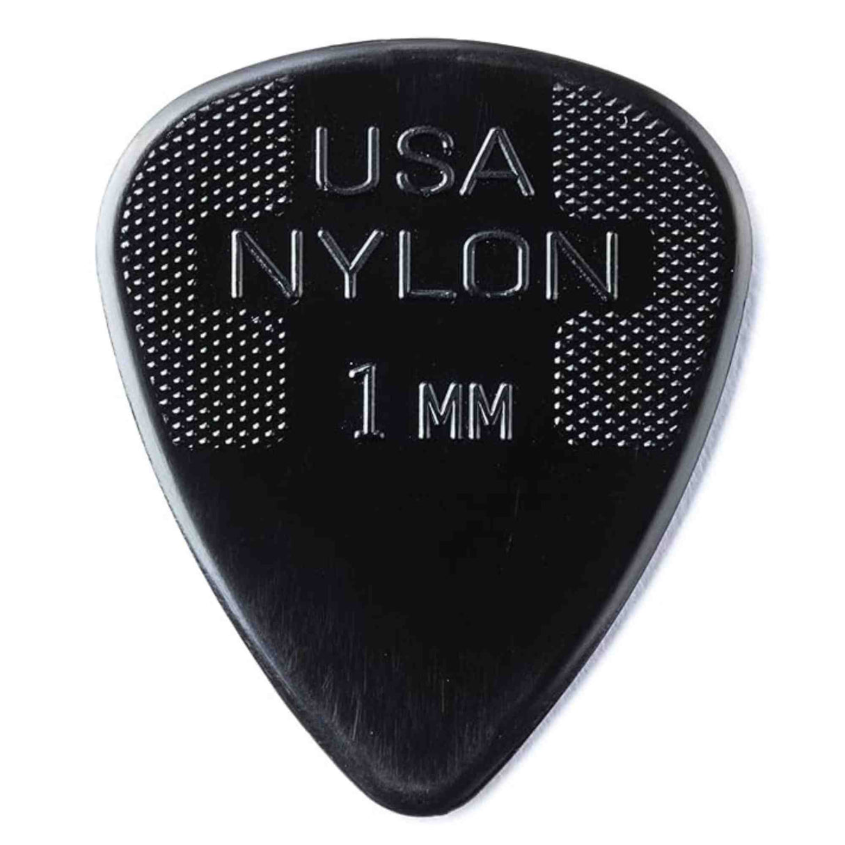 The image shows a black nylon guitar pick with "USA NYLON" and "1 MM" embossed on it. It features a classic teardrop shape with a pointed tip, a textured dotted grip on the upper portion, and white text and borders. The 1mm thickness offers a balance of flexibility and durability, suitable for both strumming and lead playing.