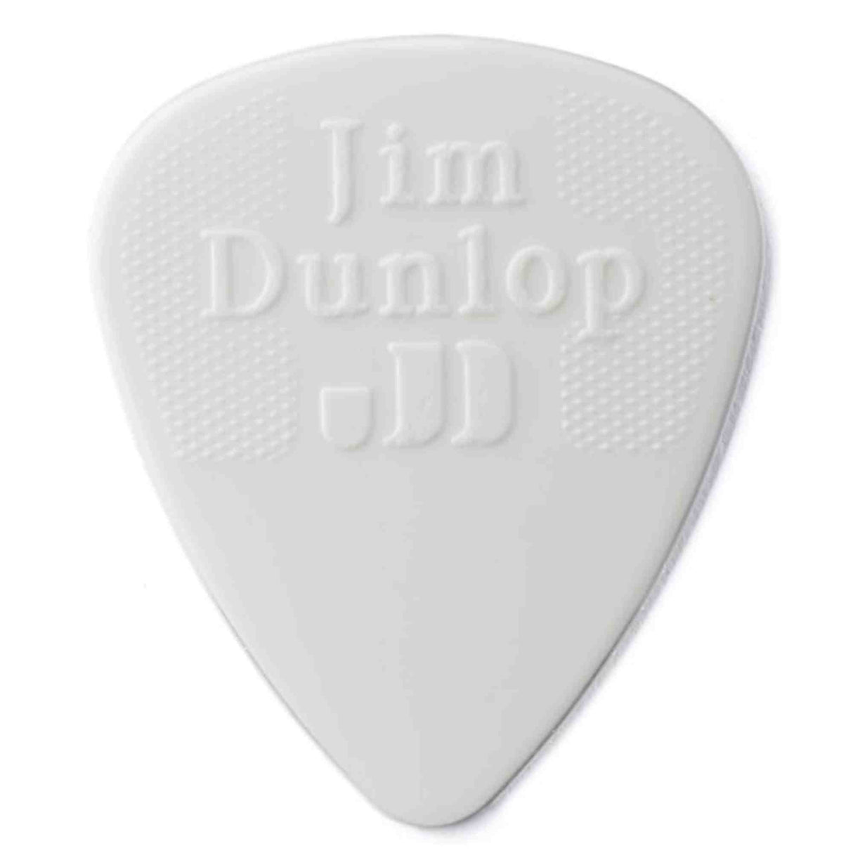 The image shows a white guitar pick (plectrum) embossed with "Jim Dunlop" and ".60". Made by Dunlop Manufacturing, the ".60" indicates a 0.60mm thickness, classed as thin to medium-thin. This pick produces a bright tone, ideal for strumming and lighter playing styles. Jim Dunlop picks are popular across genres for their reliable, classic design and versatile use.