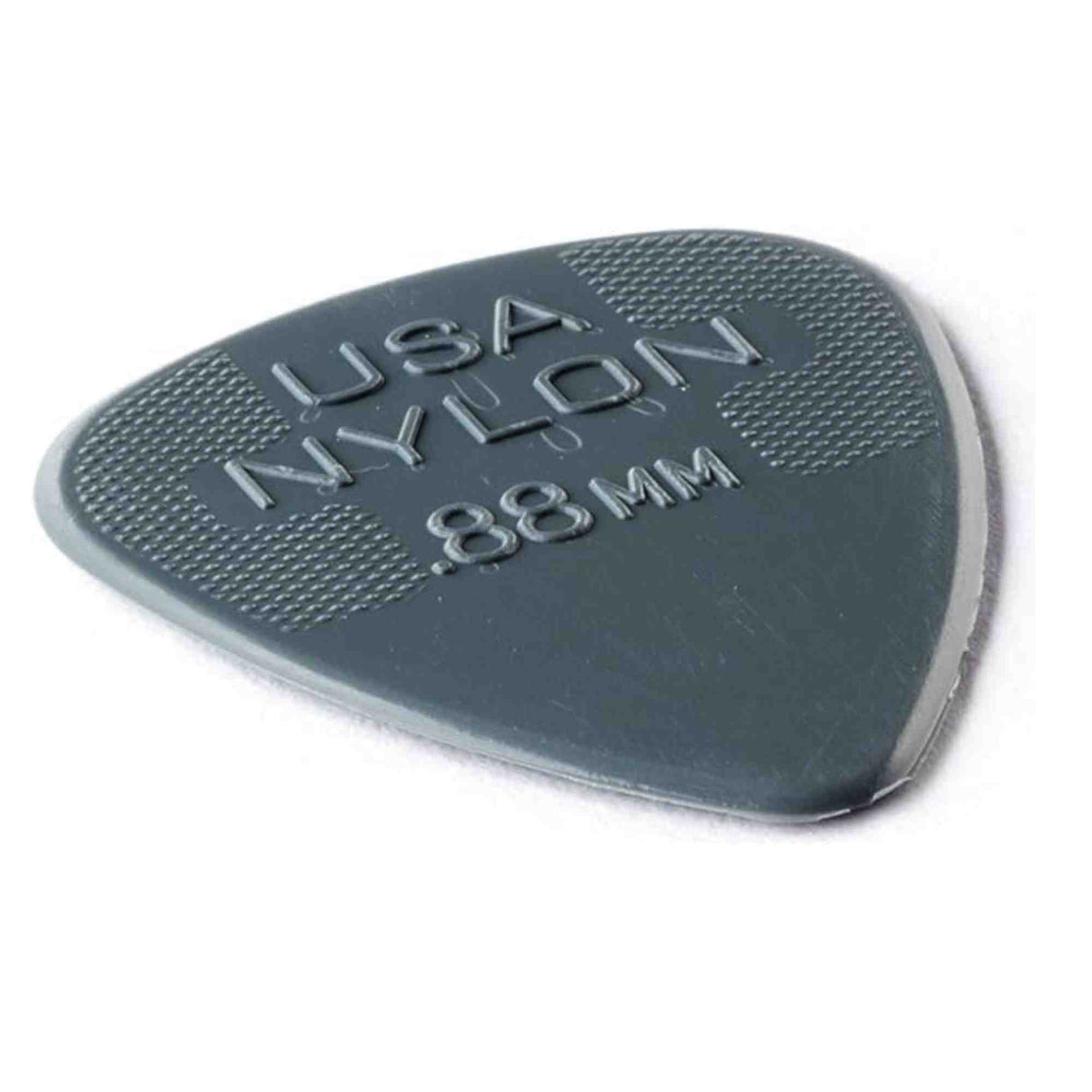 The image shows a dark-colored guitar pick (plectrum) with "USA NYLON" and ".88MM" printed on it, indicating a 0.88 mm medium thickness. It features a textured grip area with a dotted pattern to prevent slipping. Made of nylon, this versatile pick offers a balance of flexibility and control, suitable for various playing styles and genres.