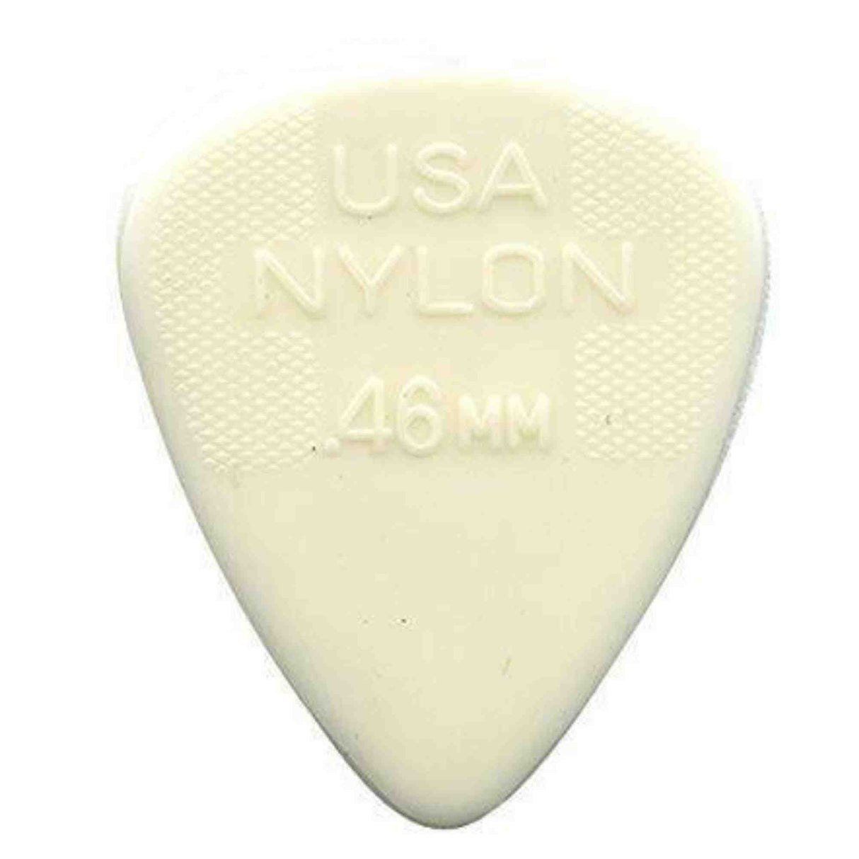 The image shows a cream-colored, teardrop-shaped guitar pick with embossed text reading "USA NYLON" and ".46 MM," indicating its thin gauge. The textured surface provides grip, and its light thickness suggests a softer attack and brighter tone when playing.