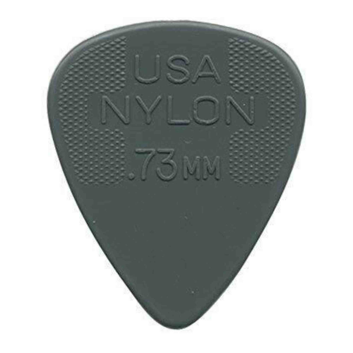 The image shows a gray nylon guitar pick with "USA NYLON .73MM" embossed on it, indicating its origin, material, and thickness. It has a classic teardrop shape with textured crosshatch grips on both sides near the wide end to prevent slipping. At .73mm thickness, it offers a balanced feel suitable for strumming and precise picking. This common pick is used by guitarists of all levels across genres.