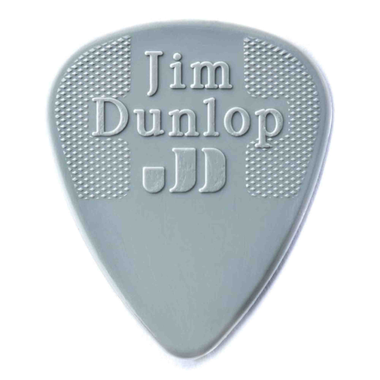 The image shows a classic teardrop-shaped Jim Dunlop guitar pick in grayish-blue. It has raised "Jim Dunlop" branding and "JD" at the bottom. Textured dotted grip areas on the upper sides help prevent slipping. This standard nylon pick is known for durability and a consistent feel, popular among guitarists.