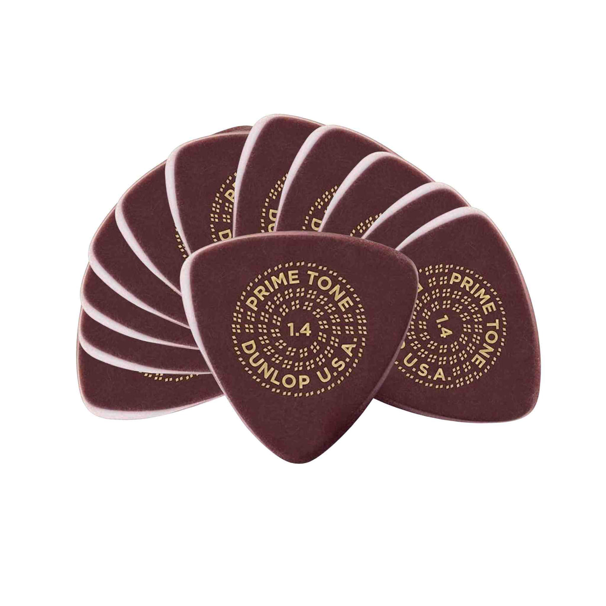 The image shows a fan of dark reddish-brown Dunlop Primetone guitar picks. Each pick features the "PRIME TONE" and "DUNLOP U.S.A." branding in a circular dotted pattern, with "1.4" indicating their 1.4mm thickness. These premium picks are known for their smooth surface, sculpted edges, and firm feel, making them popular among serious guitarists.