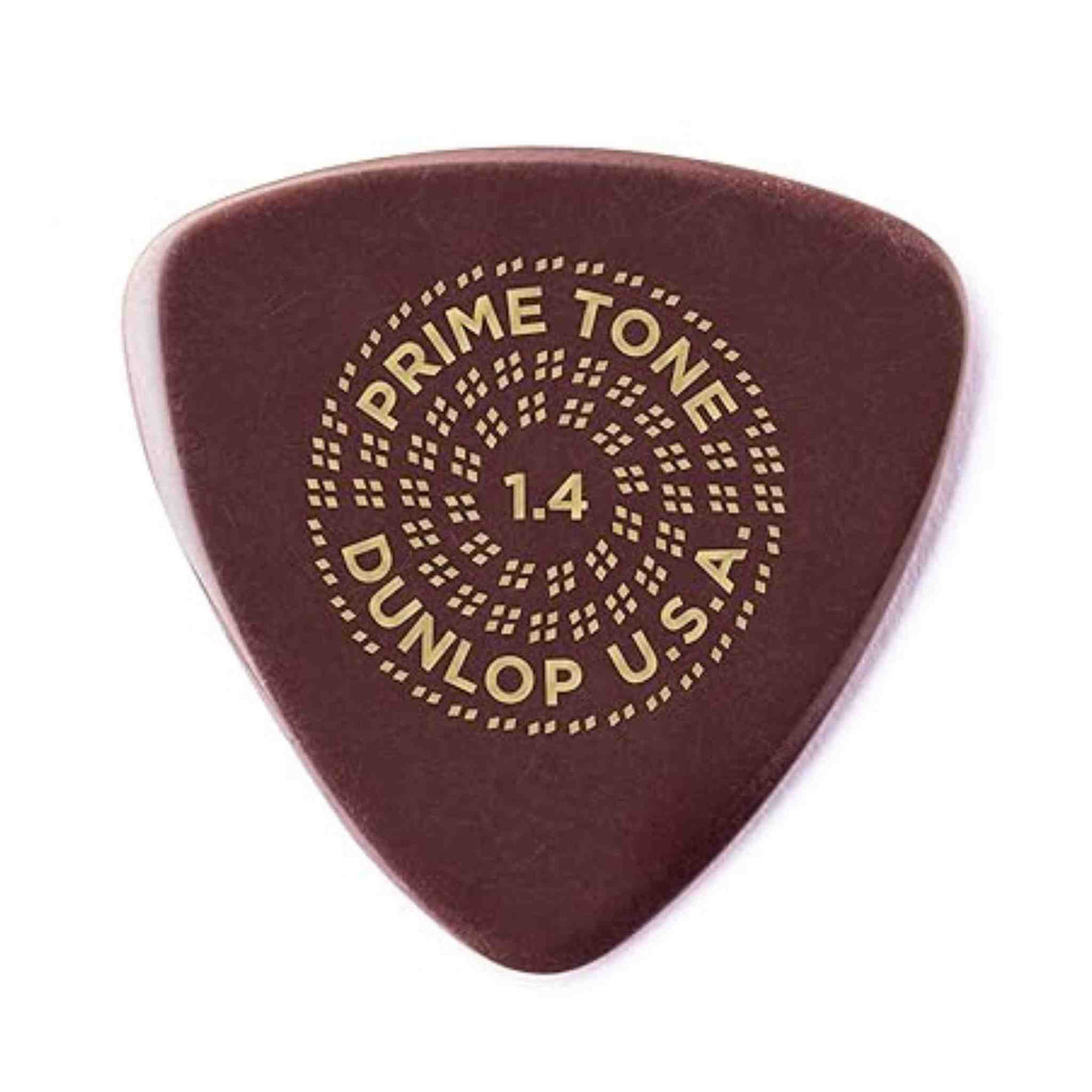 The image shows a Dunlop "Prime Tone" guitar pick with a 1.4mm thickness. It has a dark reddish-brown color and gold lettering arranged in a circular pattern: "PRIME TONE" at the top, "1.4" in the center, and "DUNLOP U.S.A." at the bottom, surrounded by decorative dots. This premium pick offers a thicker, firm feel favored by lead guitarists and players seeking greater control.