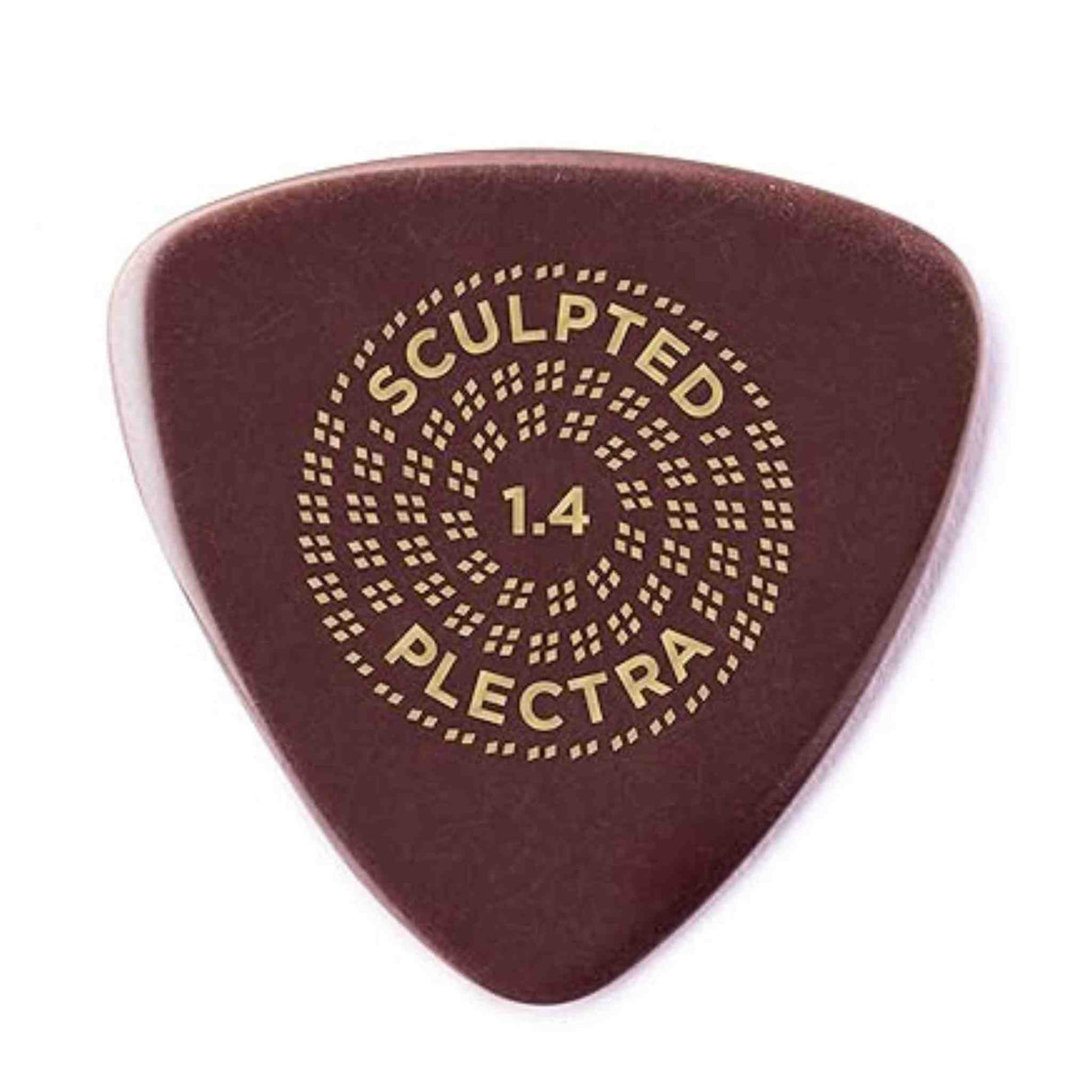 The image shows a D'Addario Sculpted Plectra guitar pick with a 1.4mm thickness. It has a dark reddish-brown color, classic teardrop shape, and a central decorative pattern of small dots. The words "SCULPTED," "PLECTRA," and "1.4" are printed on it. This medium-heavy pick features a textured grip for better control, ideal for precise playing and bright attack.