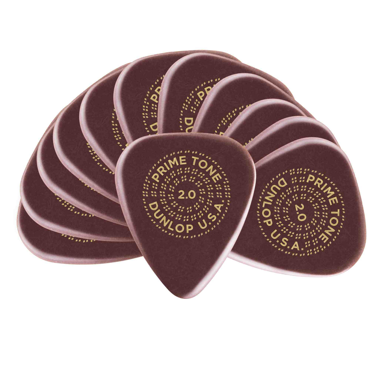 The image shows a fan-like arrangement of Dunlop Primetone guitar picks, each 2.0mm thick. They are dark reddish-brown with gold text in a circular pattern reading "PRIME TONE 2.0 DUNLOP U.S.A." These high-quality, durable picks are favored by serious guitarists for precise control and are suitable for genres like jazz, rock, and metal.