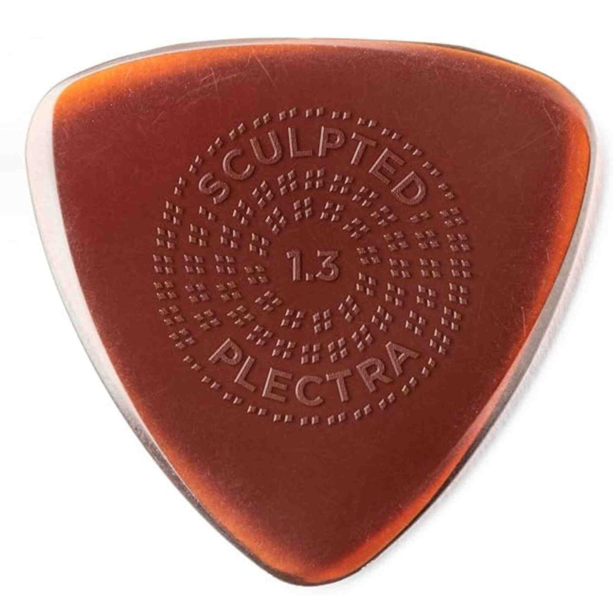 The image shows a Sculpted Plectra guitar pick marked "1.3," indicating a 1.3mm thickness. It has a triangular teardrop shape and a translucent amber or tortoiseshell color. The textured, dotted grip pattern is molded in the center to prevent slipping. The embossed "SCULPTED" and "PLECTRA" text circles the grip area, highlighting its premium design for better control in playing stringed instruments.