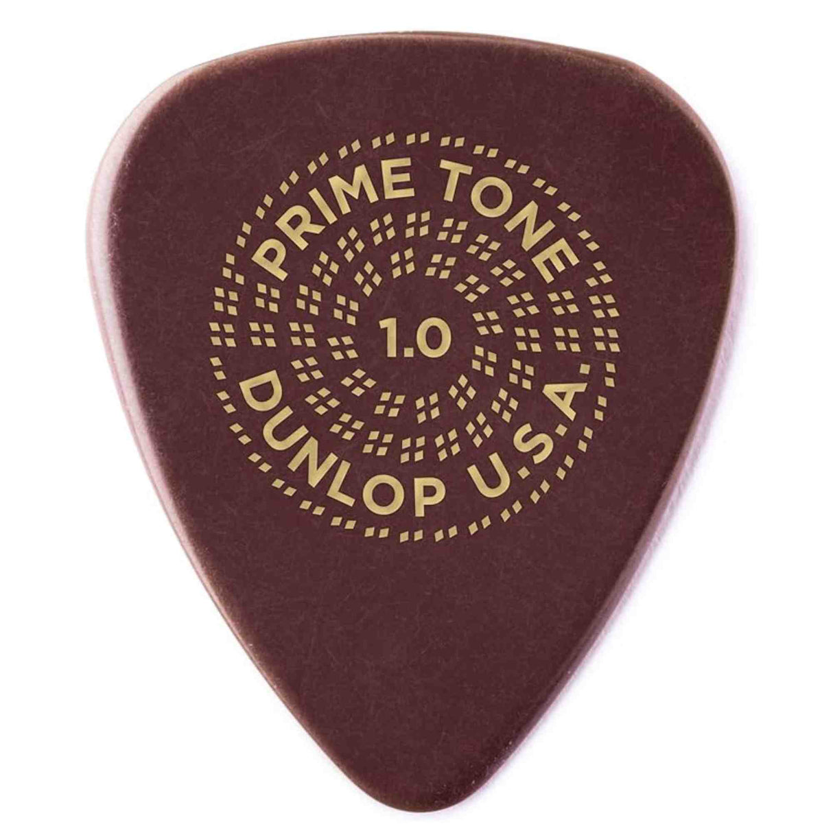 The image shows a teardrop-shaped, tortoiseshell-colored guitar pick with gold text and a dotted circular design. It reads "PRIME TONE" at the top, "DUNLOP U.S.A." at the bottom, and "1.0" in the center, indicating a 1.0mm thickness. This Dunlop Primetone pick is a medium-heavy gauge popular for its smooth surface and versatile use in strumming and lead playing.