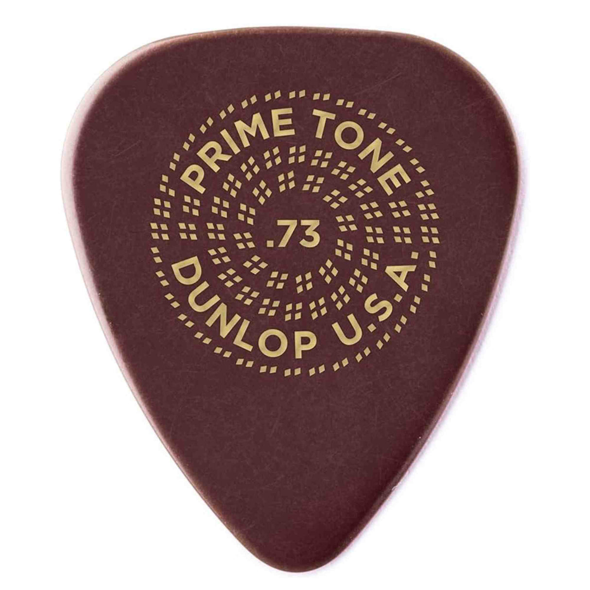 The image shows a Dunlop USA Primetone guitar pick, model .73mm thick, with a dark reddish-brown color. It features Dunlop’s circular logo with dotted patterns and the text "PRIME TONE," "DUNLOP USA," and ".73" in the center. This medium-gauge pick is made from premium materials, offering a balance of flexibility, control, tone, and durability for versatile guitar playing.