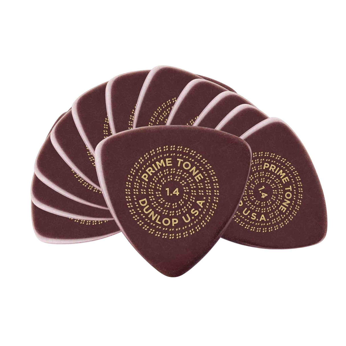 The image shows a fan of Dunlop Primetone guitar picks made of tortoiseshell-colored material. Each pick is 1.4mm thick and features circular dotted patterns around the text "PRIME TONE" and "DUNLOP U.S.A." These high-quality picks offer a sturdy feel and rich tone, favored by professional guitarists.