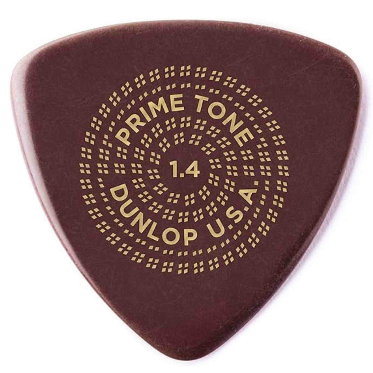 The image shows a Dunlop Primetone guitar pick in dark reddish-brown with gold text and decorative dotted circles. It is 1.4mm thick, with "PRIME TONE" at the top, "1.4" in the center, and "DUNLOP U.S.A." at the bottom. This premium pick is known for high-quality materials and precision, favored by players seeking control and a fuller guitar tone.