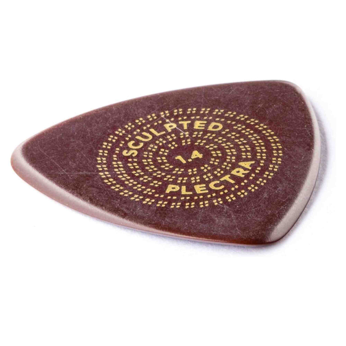 The image shows a teardrop-shaped guitar pick made of dark reddish-brown material, possibly wood. It features gold-yellow decorative text and design in a circular pattern, including the words "SCULPTED," "PLECTRA," and "1.4," likely indicating its 1.4mm thickness. This premium pick’s thickness suggests it’s suited for rhythm playing or those preferring a medium-heavy pick for control and tone.
