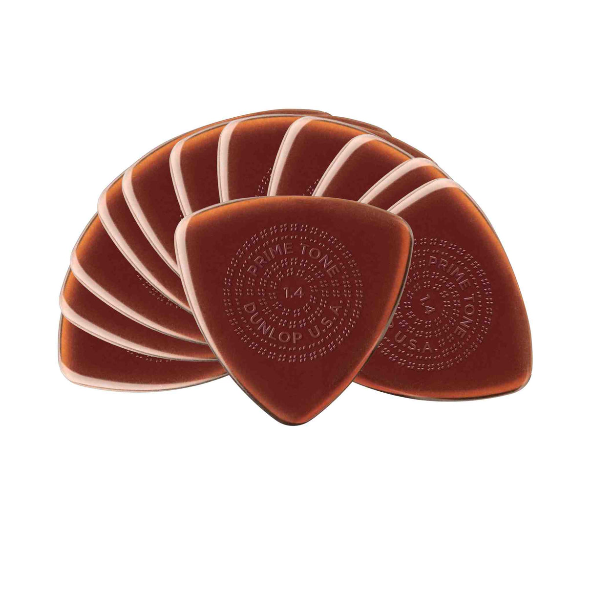 The image shows a fan-like spread of amber, semi-translucent Dunlop Primetone guitar picks, each 1.4mm thick as embossed on them. These premium picks feature a textured grip surface and are known for durability, providing a firm attack and clear tone favored by players who prefer less flex and more control.