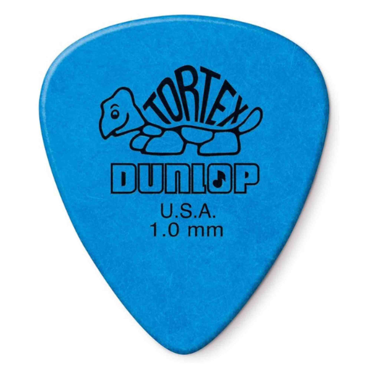 The image shows a blue Dunlop Tortex guitar pick with a classic teardrop shape, featuring the Dunlop branding and turtle logo. It is 1.0 mm thick, made in the U.S.A., and part of the popular Tortex series known for its balance of flexibility and durability. The textured surface offers good grip, making it suitable for various playing styles.