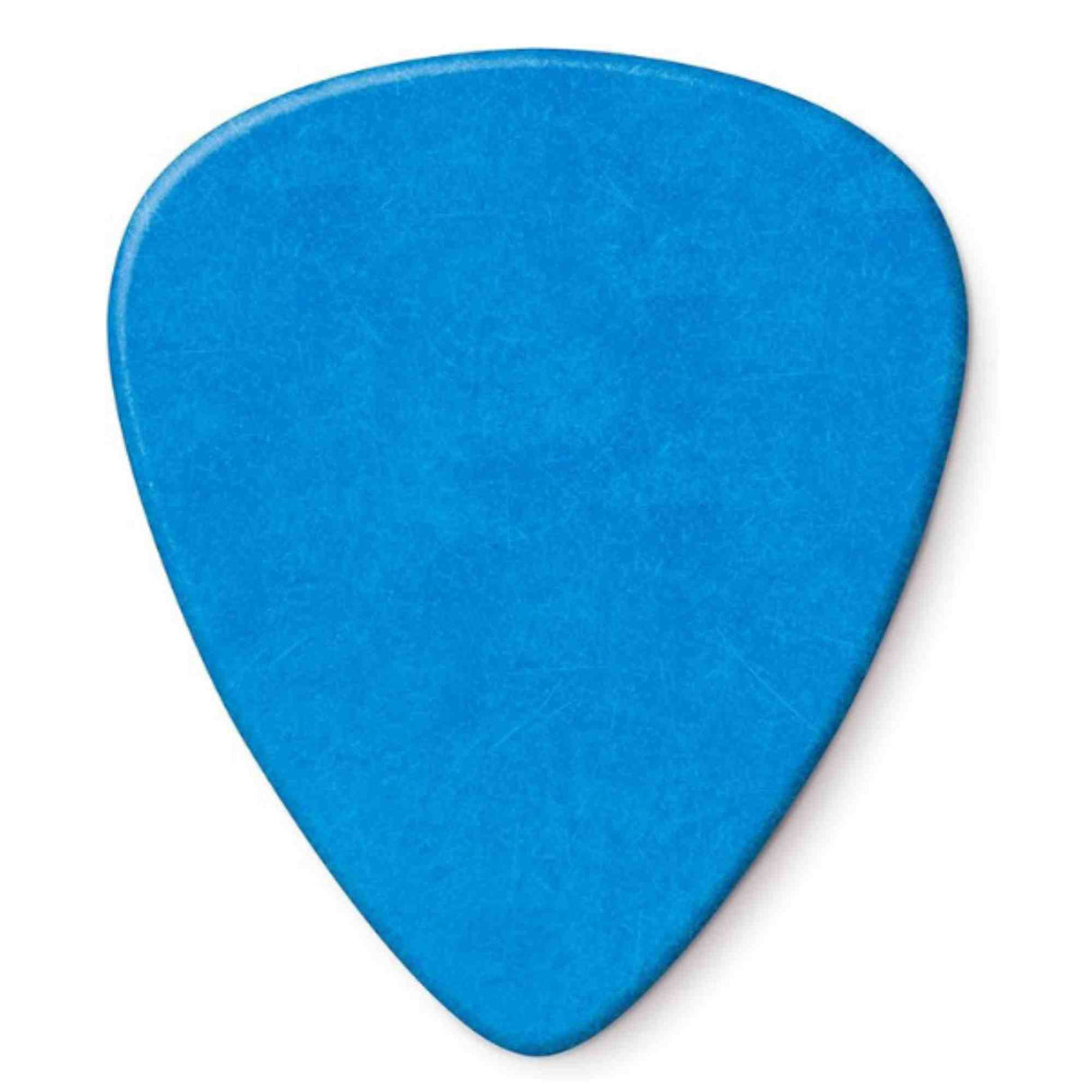 The image shows a bright blue guitar pick with a classic teardrop shape, featuring a rounded top and pointed bottom. Made of smooth plastic, the pick has a solid blue finish. Guitar picks, also called plectrums, are essential for strumming or plucking guitar strings and come in various materials, thicknesses, and colors to help musicians achieve different tones and styles.