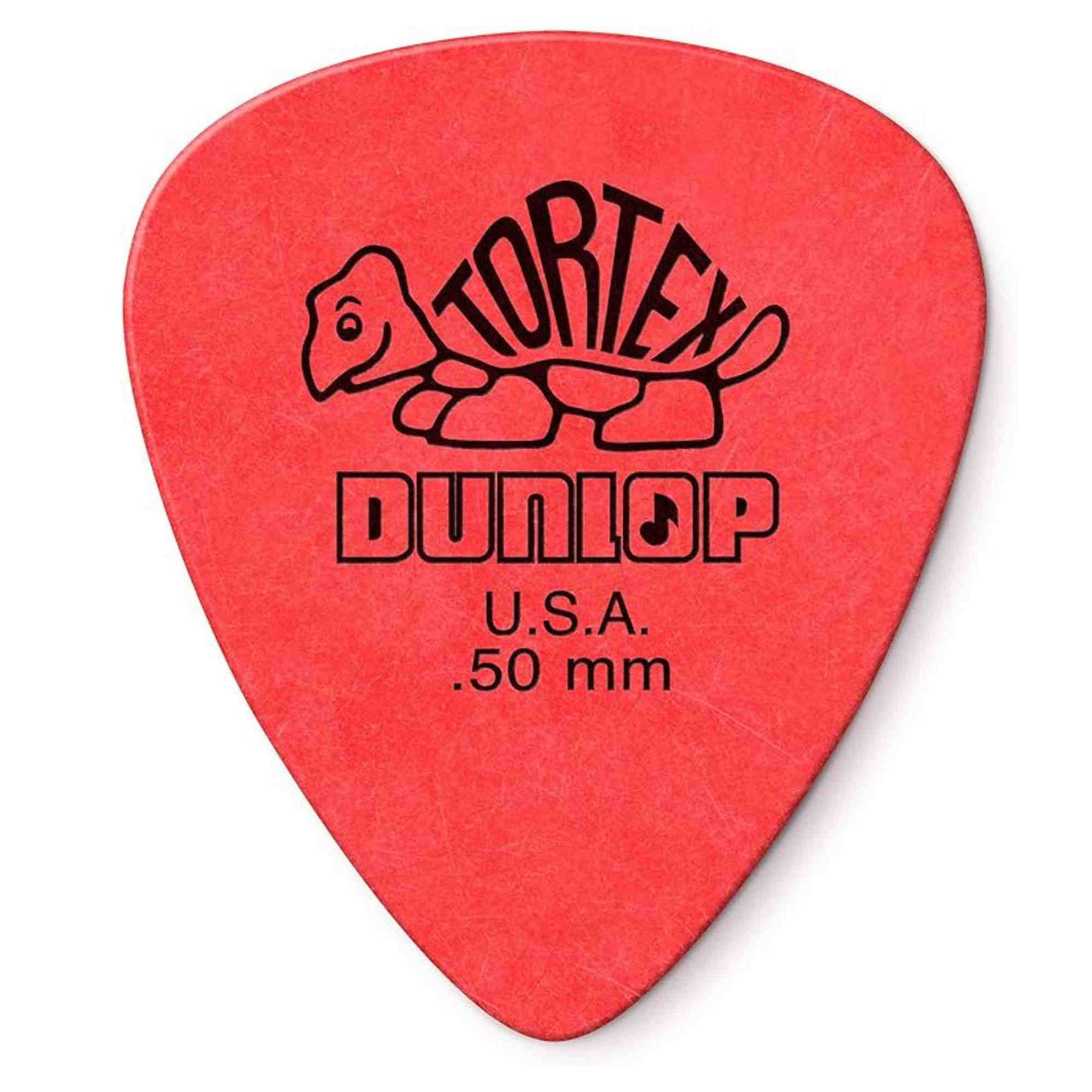 The image shows a red-orange Dunlop Tortex guitar pick with a classic teardrop shape. It features the Dunlop turtle logo, "U.S.A." marking, and ".50 mm" thickness. Made from synthetic tortoiseshell material, this thin, flexible pick is ideal for light strumming and delicate playing, offering a comfortable grip and a warm tone favored by many guitarists.