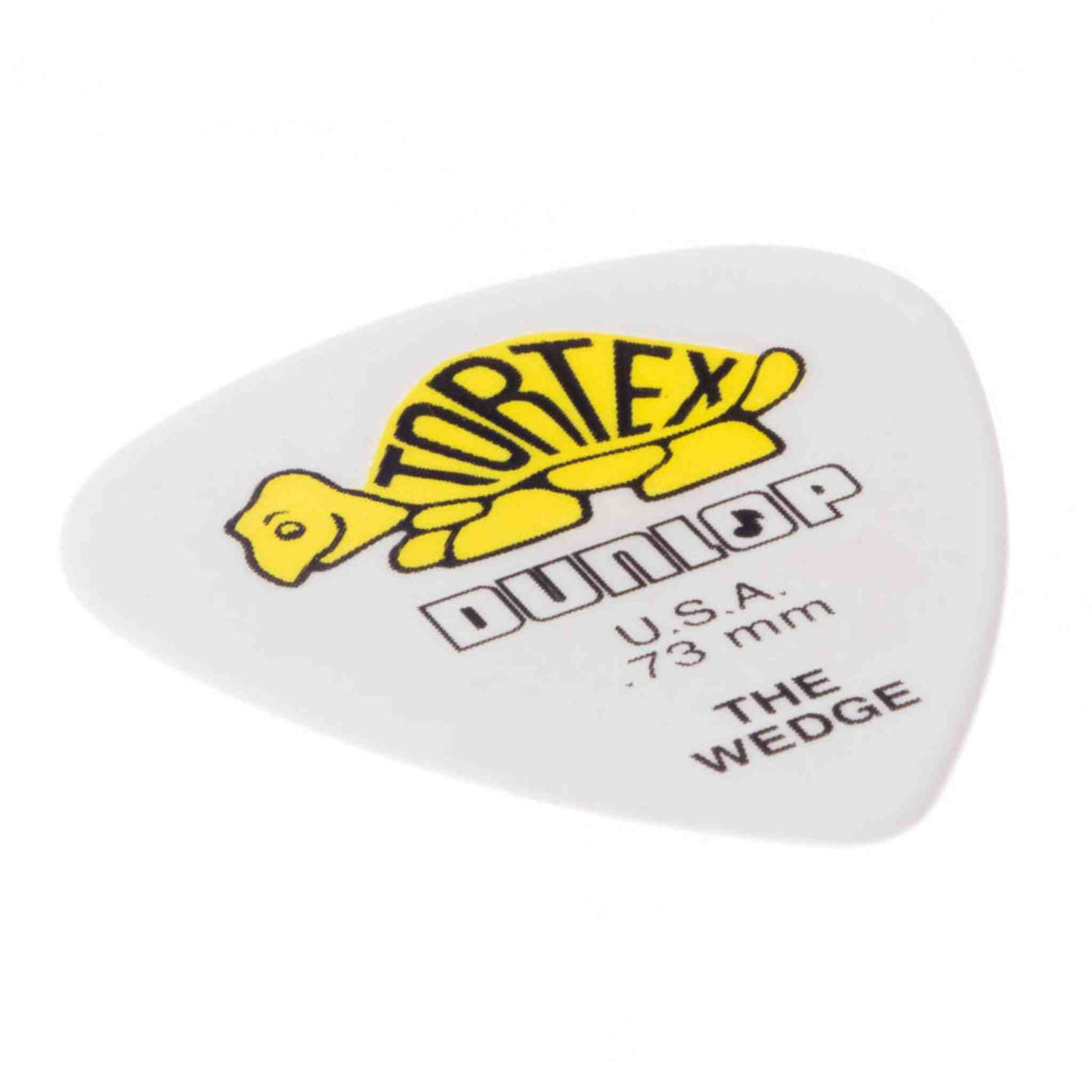 The image shows a Dunlop guitar pick, "The Wedge" model, in white/cream with the yellow Tortex turtle logo. It is marked "U.S.A." and ".73 mm," indicating medium thickness and American manufacture. Known for durability and grip, Dunlop’s wedge design offers comfortable handling and precise control, making it a popular choice for strumming and picking strings.
