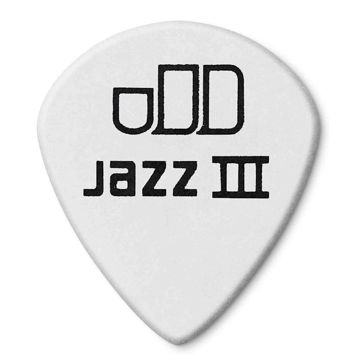 The image shows a white Jazz III guitar pick (plectrum) with black text reading "oDD" and "Jazz III." Known for its small, pointed shape, the Jazz III is popular among guitarists in jazz, rock, and metal for its precision and control during fast, intricate playing. The "oDD" likely indicates a brand or series. Guitar picks come in various sizes and materials to fit different styles and preferences.