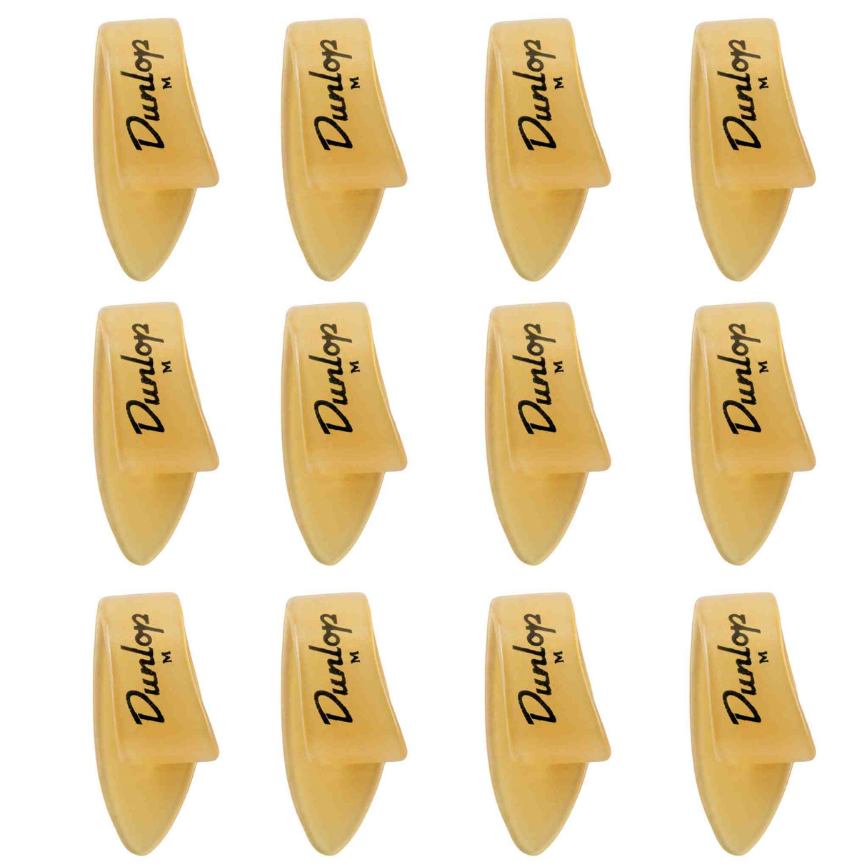 The image shows 12 Dunlop guitar picks arranged in a 3x4 grid. Each pick features the Dunlop logo and an "M," indicating medium thickness. They have a classic teardrop shape with pointed tips and are made of translucent amber-colored material, likely celluloid. These picks are popular guitar accessories used for strumming and picking, known for quality and precision.