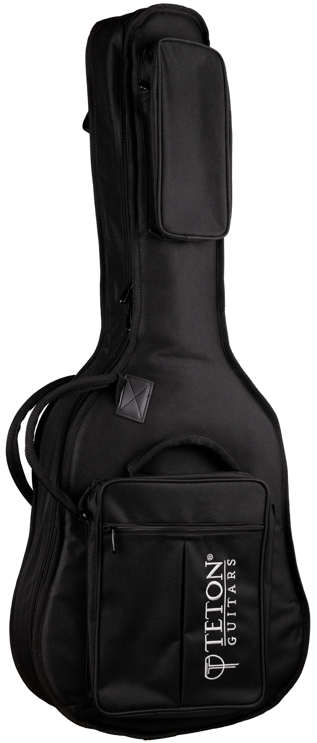The image shows a black padded gig bag from Teton Guitars designed for acoustic or electric guitars. It features durable fabric, multiple compartments, a front pocket with the TETON GUITARS logo, backpack-style straps, a top handle, and secure zippers. This lightweight, protective soft case is ideal for guitarists needing safe, portable instrument transport.