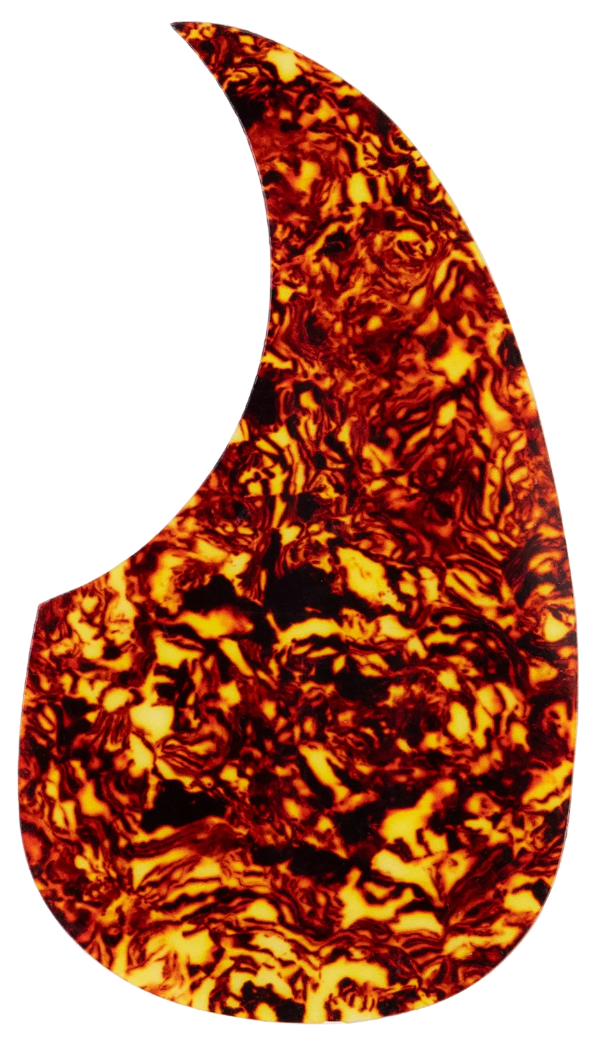 The image shows a teardrop-shaped guitar pickguard with a tortoiseshell pattern in amber, brown, and golden yellow swirls. Common on acoustic guitars, especially dreadnoughts, it protects the guitar’s top from pick scratches while adding visual appeal. Made from materials like celluloid or plastic, this pickguard mimics traditional tortoiseshell and is often replaceable for customization or replacement.