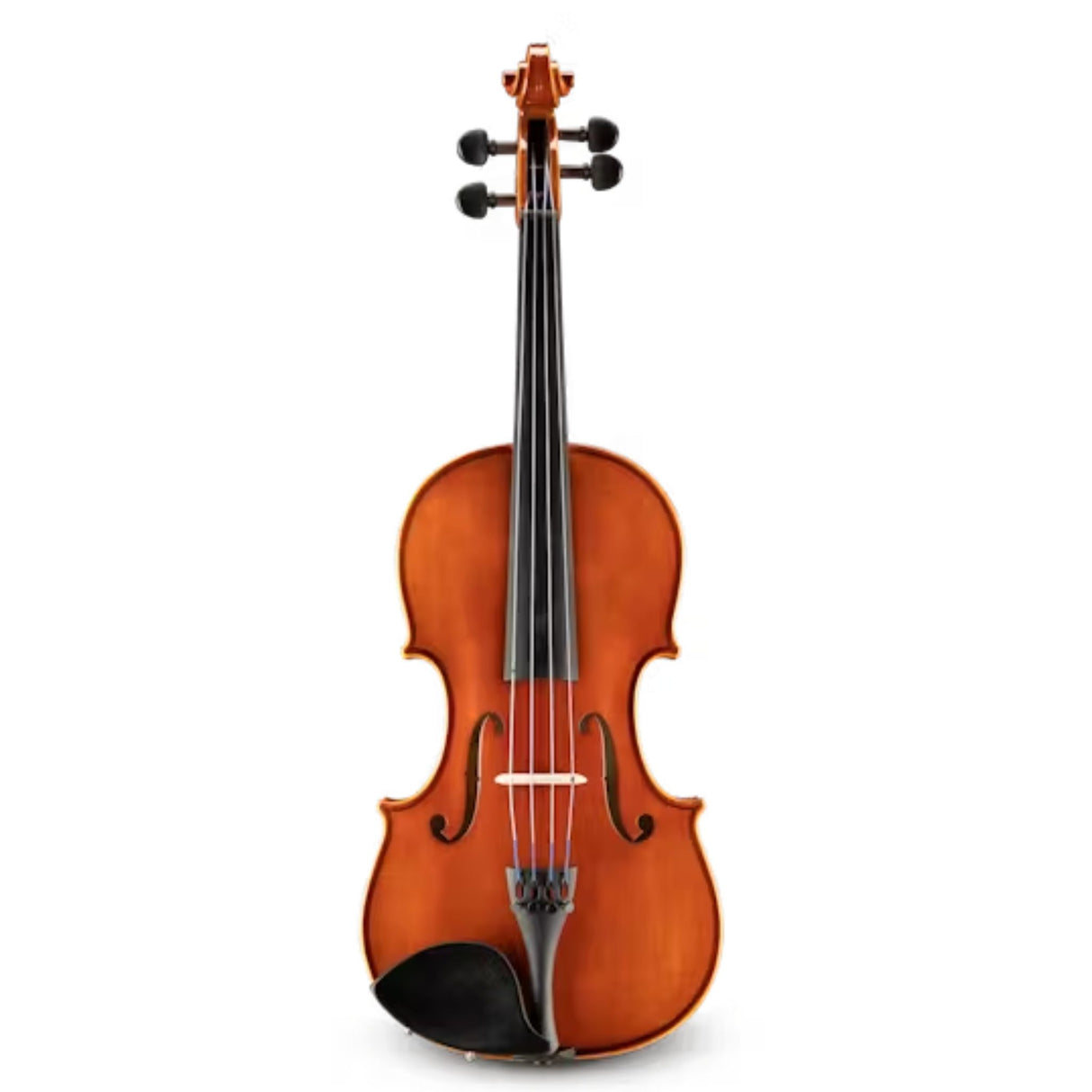 The image shows a classic full-size violin with a warm reddish-brown wooden body featuring curved waist and f-holes. It has a long black fingerboard, a decorative scroll with four tuning pegs, four strings stretched from the black tailpiece to the pegs, and a light wooden bridge supporting the strings. The violin has a traditional finish with visible wood grain, indicating good craftsmanship.