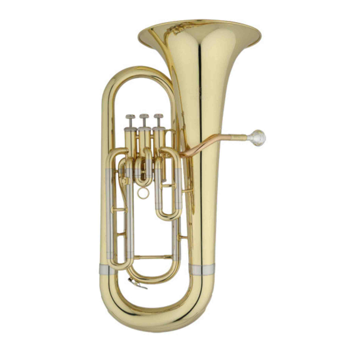 The image shows a polished brass euphonium, a mid-range brass instrument from the tuba family. It features 3 or 4 piston valves with valve caps, an upright bell, and coiled tubing. Common in concert and brass bands, this student or intermediate model produces a warm, mellow tone and allows pitch changes via its valve system. It is a complete, ready-to-play instrument often used in school and community ensembles.