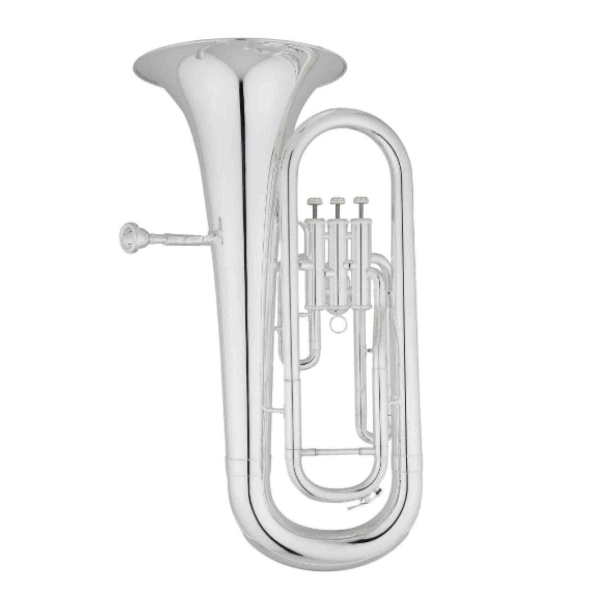 The image shows a silver-finished tuba, a large brass wind instrument with the lowest pitch in its family. It features a large upward-facing bell, three piston valves, coiled tubing, and a mouthpiece receiver. This concert-style tuba, likely 3/4 or 4/4 size, is designed for orchestral use, providing the bass foundation in ensembles such as orchestras and concert bands.
