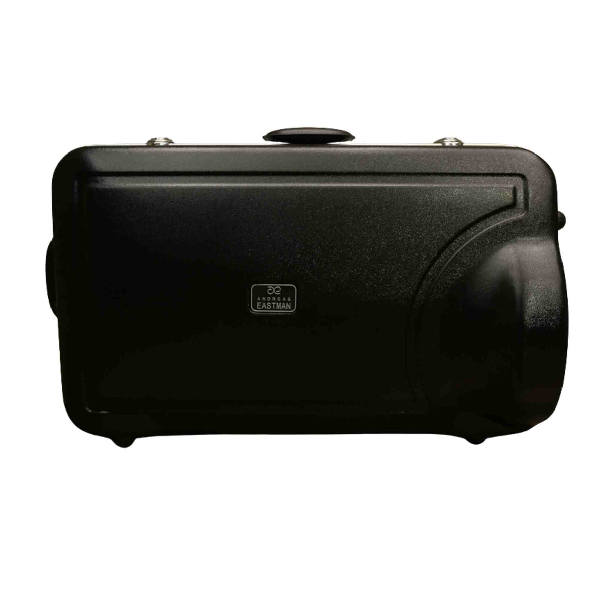 The image shows a black hard-shell instrument case by Eastman, likely molded plastic or fiberglass. It features a sleek curved design, metal latches, a carrying handle, and durable, weather-resistant construction. Based on its size and shape, it may hold a trumpet, cornet, or similar brass or woodwind instrument. Eastman is a recognized music brand known for instruments and accessories.