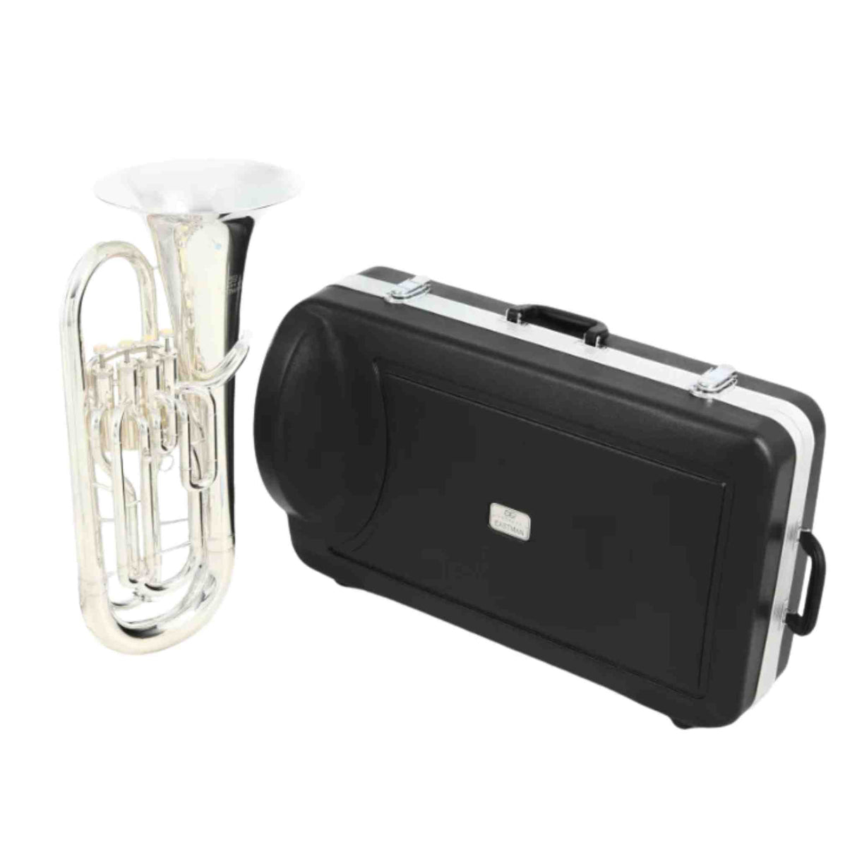 The image shows a silver/chrome euphonium or baritone horn with curved tubing, multiple piston valves, and a large bell. Beside it is a black hard protective carrying case with silver metal corners and latches, designed for safe transport. The setup represents a complete package suitable for student or professional brass players.