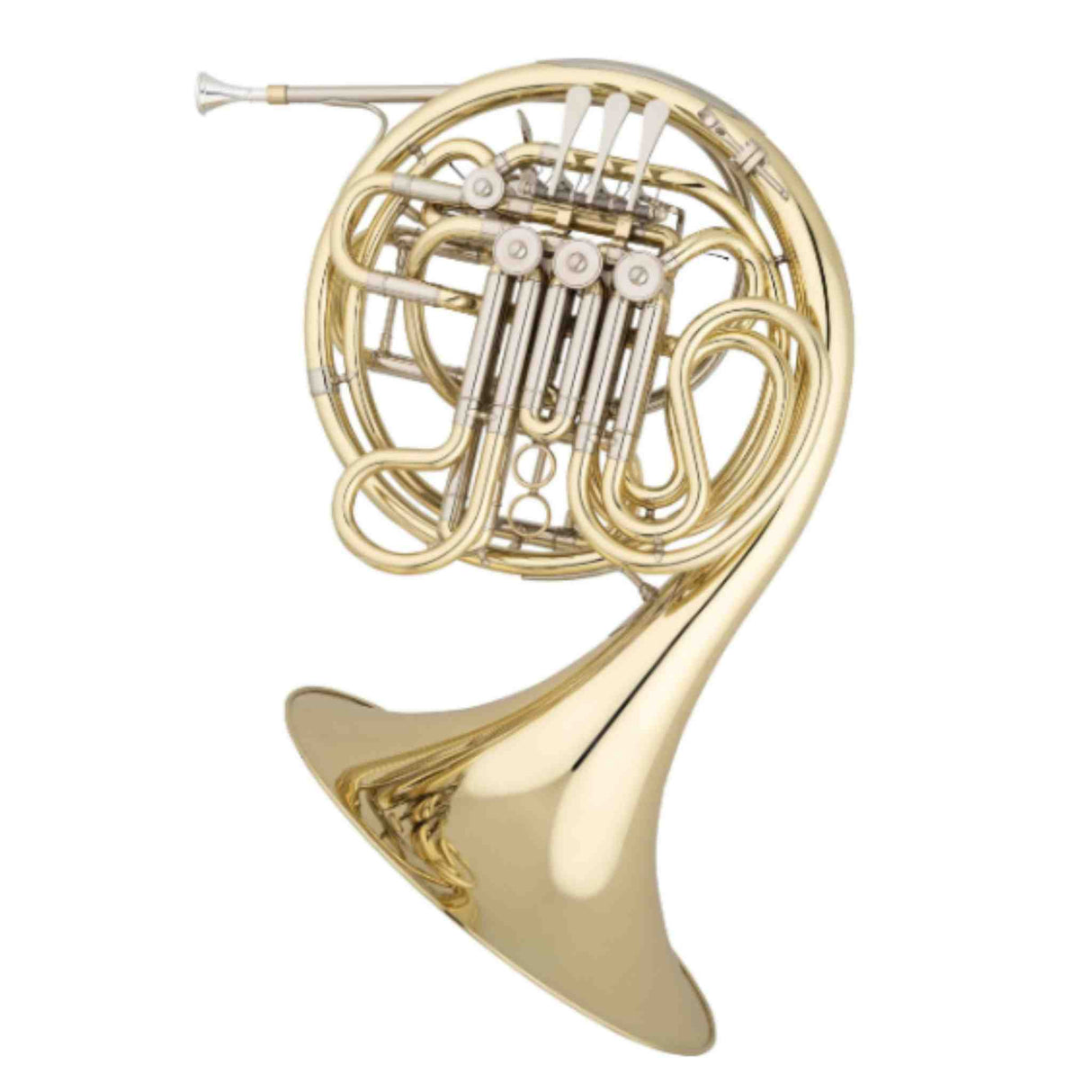 The image shows a brass French horn with a circular coiled design and a golden lacquered finish. It features rotary valves with levers in the center, a flared bell on the bottom right, and a small mouthpiece at the top left. This professional-quality instrument is known for its warm, mellow tone and is commonly used in orchestras and bands.