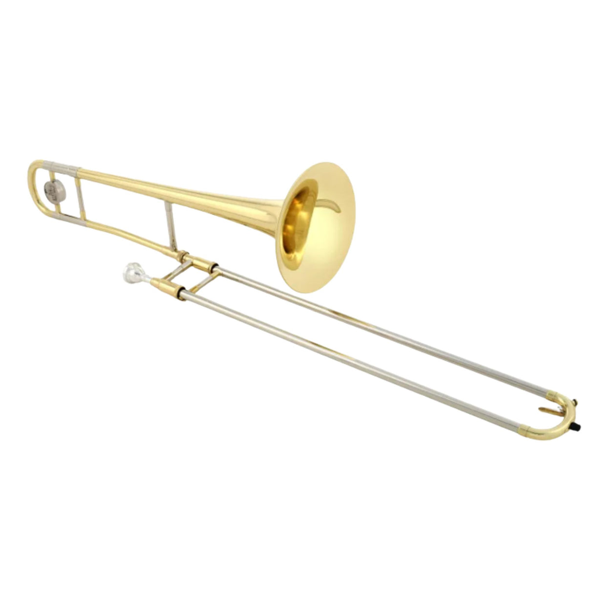 The image shows a trombone, a brass wind instrument with a golden finish. It features a large flared bell on the right, a telescoping slide (two parallel tubes) for pitch changes, and a mouthpiece at the smaller end. Unlike valve brass instruments, the trombone uses its unique slide mechanism to produce different notes. It is commonly used in orchestras, jazz bands, and marching ensembles.