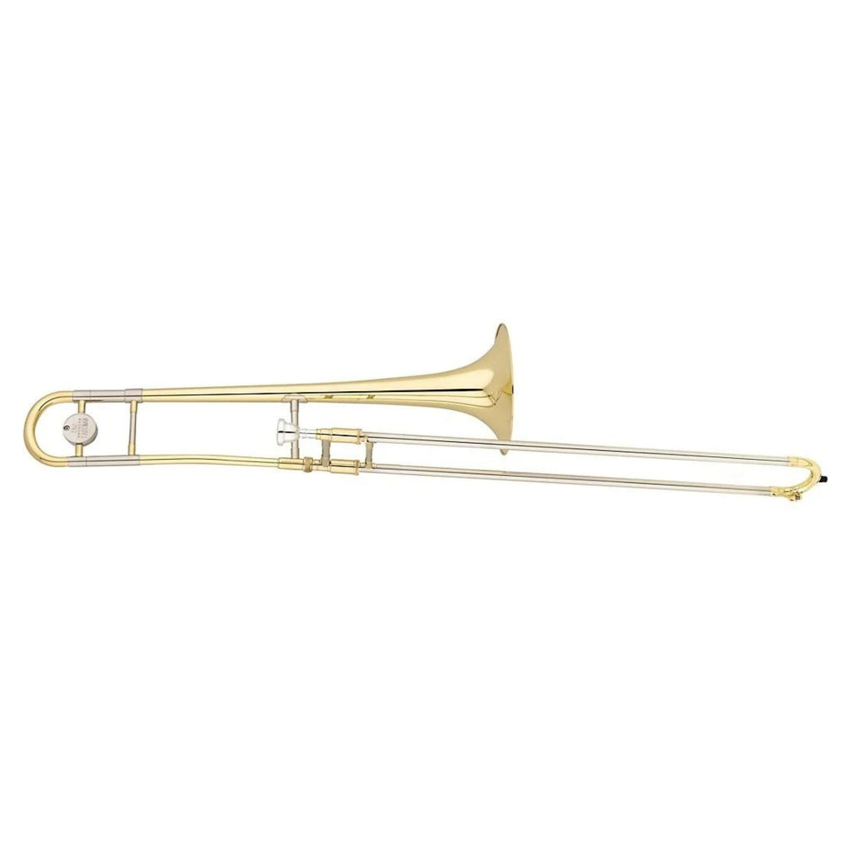 The image shows a tenor trombone, a brass wind instrument with a golden finish. It features a distinctive U-shaped slide mechanism for changing pitch, a flared bell for sound projection, and visible valve components. Common in orchestras, jazz, and bands, the trombone's slide sets it apart from other brass instruments. The instrument is displayed against a white background, likely for a product catalog or music store.