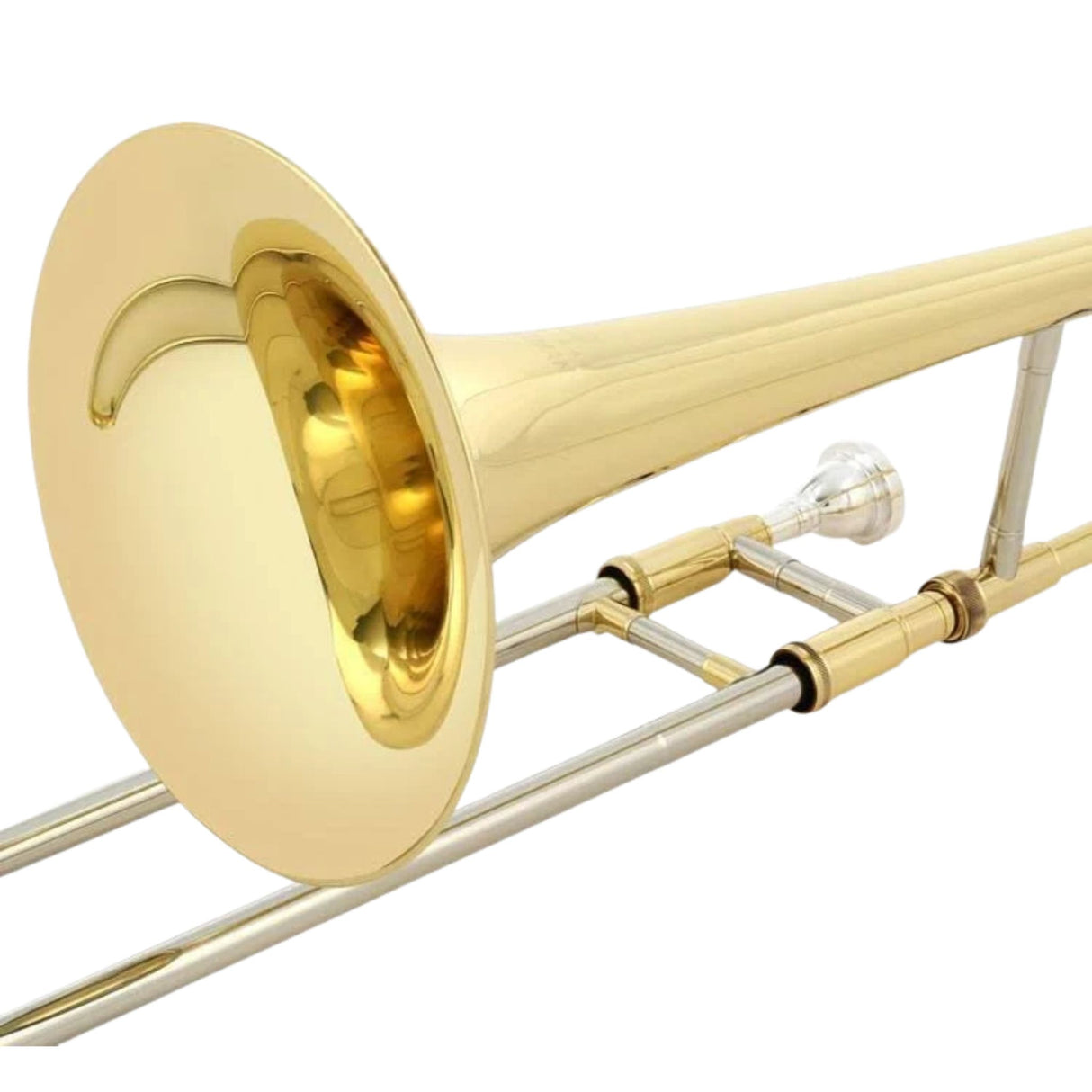 The image shows a brass tenor trombone with a large flared bell, a U-shaped slide mechanism for changing pitch, and a mouthpiece at the leadpipe’s end. The instrument has a golden finish and clean lines, indicating quality craftsmanship. Unique among brass instruments, the trombone uses a slide instead of valves, allowing smooth pitch changes and precise intonation.