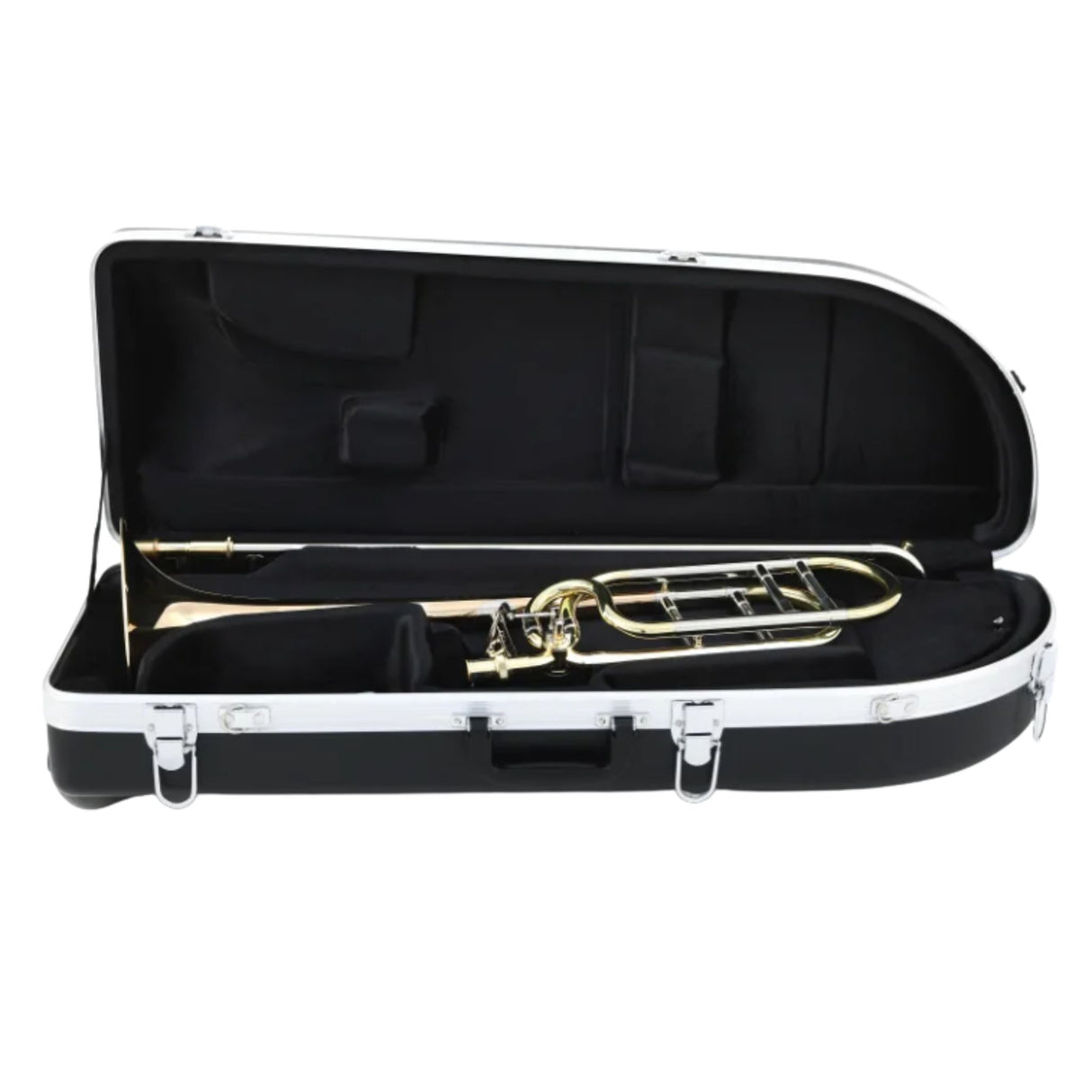 The image shows a golden brass trombone resting in a black hard case with a molded interior. The case features metal latches and a custom-fitted lining designed to securely hold and protect the instrument during transport. This professional-quality setup is typical for students, educators, or musicians and ensures safe storage for this valued brass instrument used in bands, orchestras, and jazz ensembles.