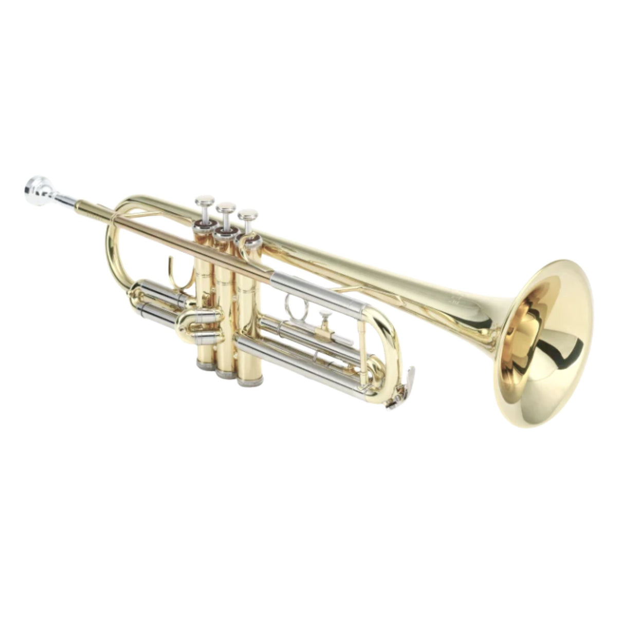 The image shows a polished brass trumpet with a bright golden finish. It features three piston valves with finger buttons, coiled tubing, a flared bell, and a mouthpiece. This standard B♭ trumpet is commonly used in bands, orchestras, jazz ensembles, and solo performances. The instrument appears well-maintained and shiny, highlighting its importance in various musical genres.