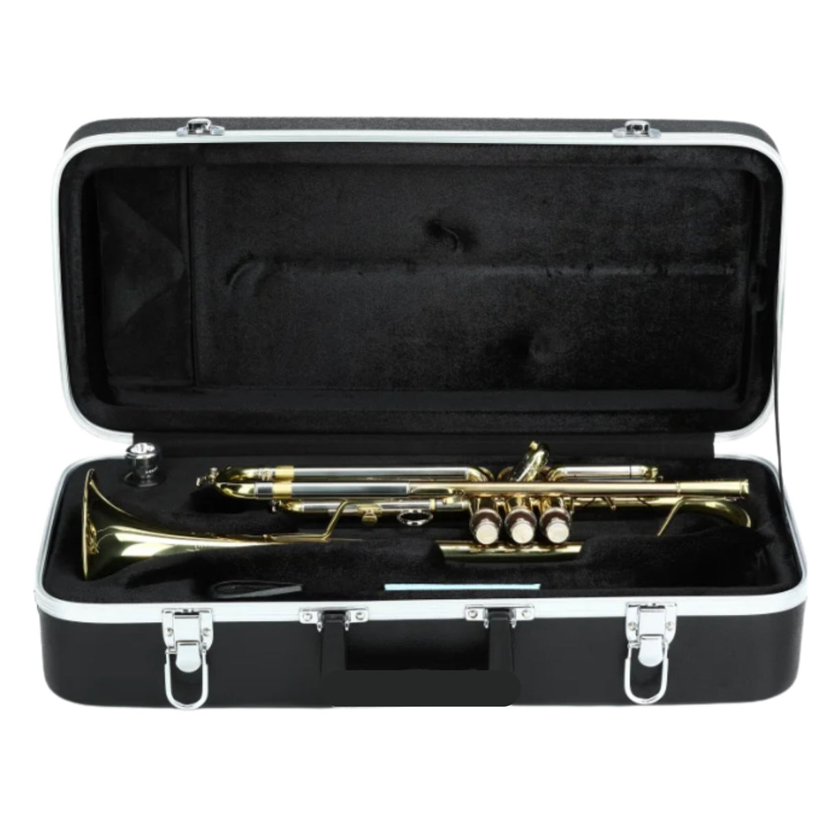 The image shows a brass trumpet with a golden finish resting horizontally in a black, hard protective case. The case features white/silver trim, metal latches, and a soft interior lining molded to hold the trumpet securely. The trumpet has curved tubing, three valve pistons, and a flared bell. The case likely includes compartments for accessories, typical of professional or student trumpet sets.