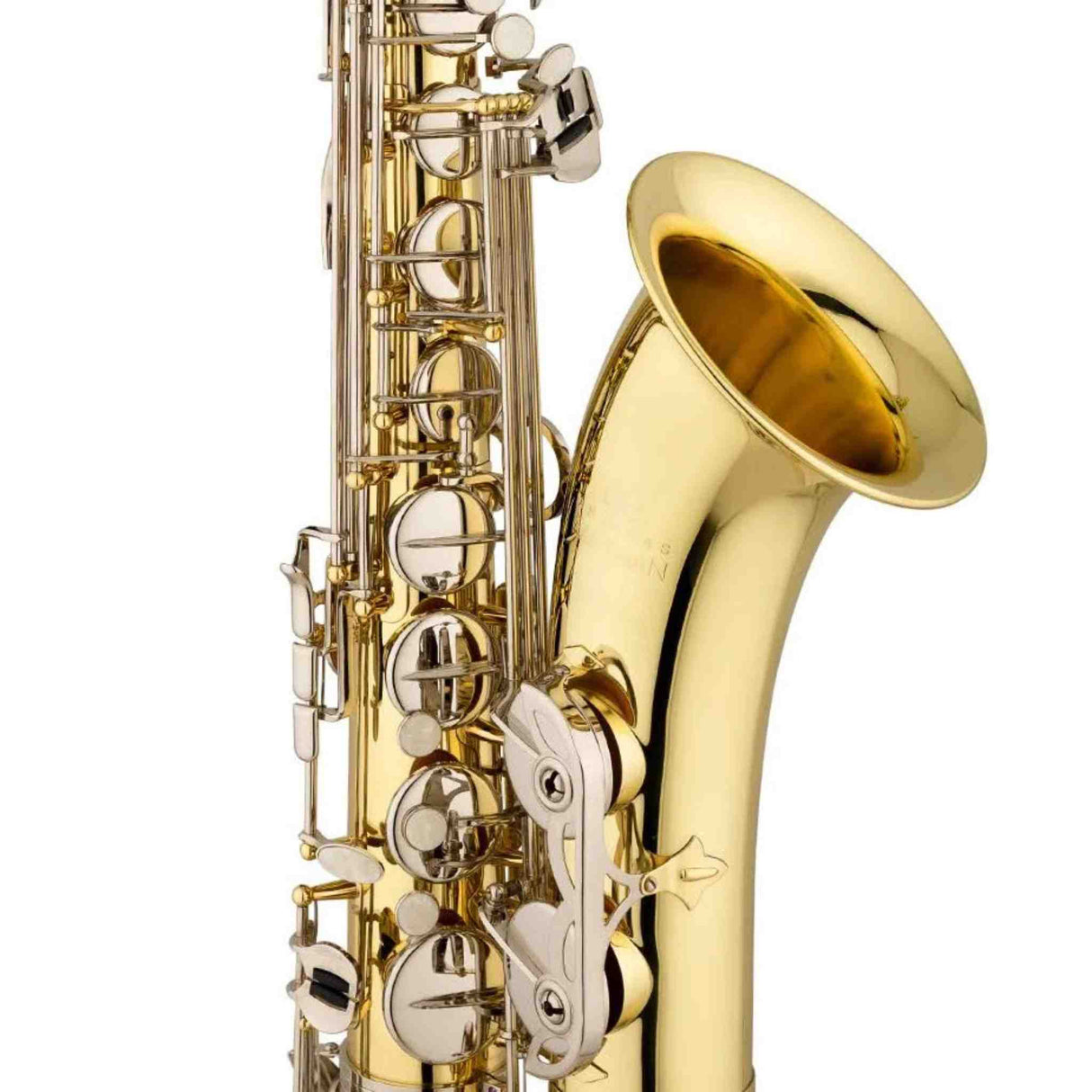 The image shows a tenor saxophone with a curved brass body and flared bell, featuring a gold lacquer finish and silver-plated keys. The complex keywork with numerous tone holes and levers is visible, along with the partially seen curved neck. This well-crafted woodwind instrument is designed for intermediate to professional players and is commonly used in jazz, classical, and contemporary music.