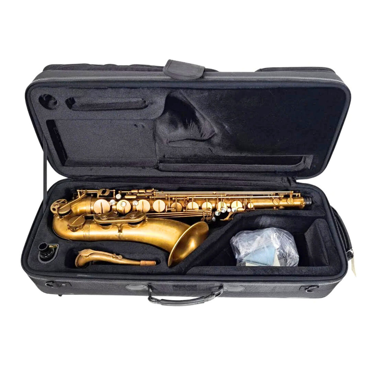 Gold Eastman 52nd Street B flat tenor saxophone in a black case on a white background