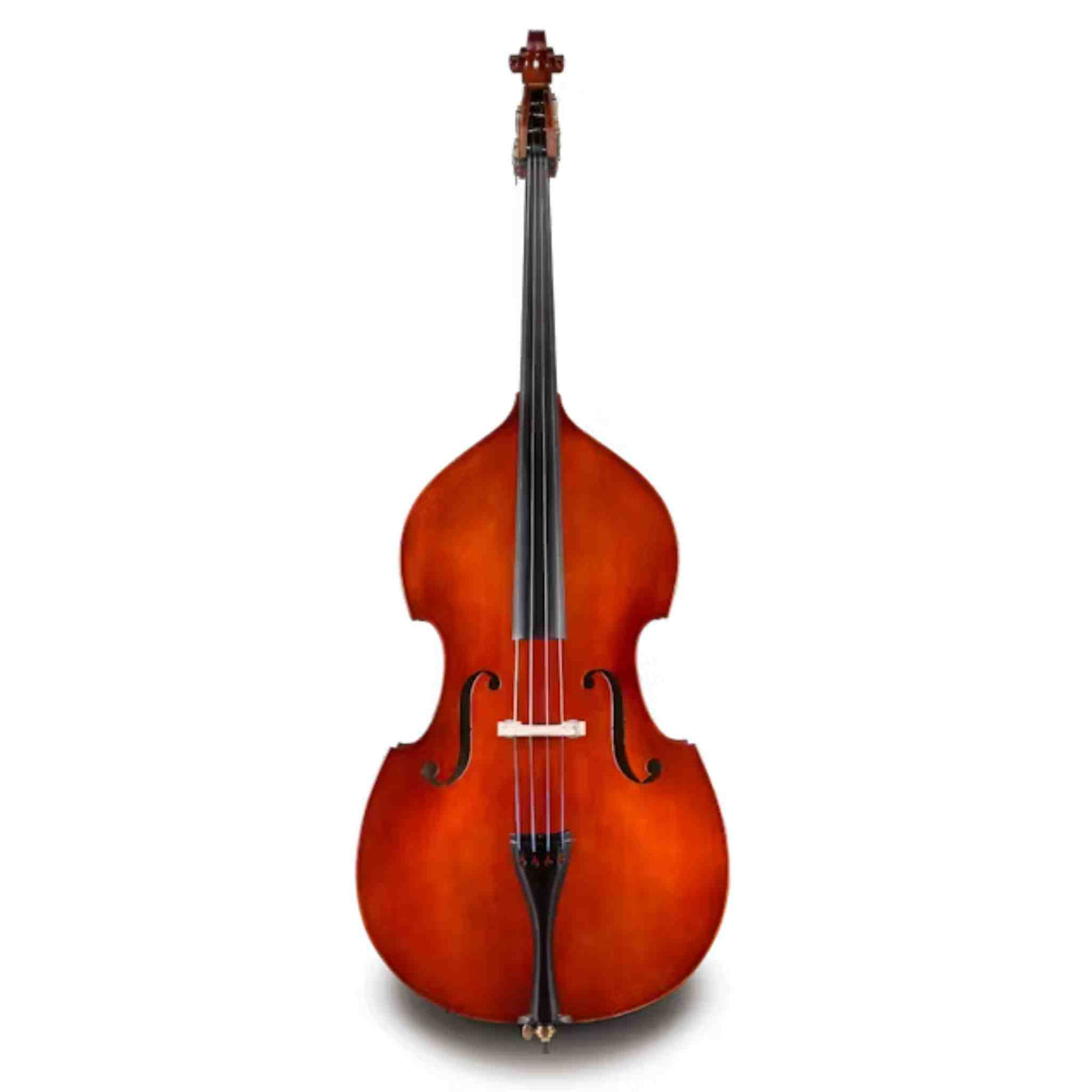 The image shows an upright bass, a large wooden string instrument from the violin family with a reddish-brown finish, four strings, f-holes, a white bridge, a dark fingerboard, a scroll headstock, and a black tailpiece with endpin. It’s commonly used in classical, jazz, bluegrass, and folk music, played with a bow or by plucking. The photo is a professional product shot on a white background.