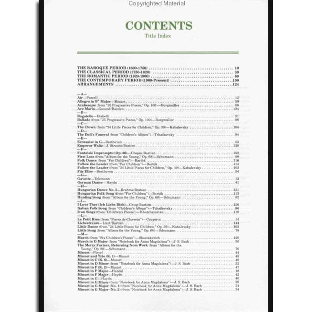 The image shows a table of contents from a classical music book, organized by musical periods: Baroque (p.10), Classical (p.38), Romantic (p.68), Contemporary (p.100), and Arrangements (p.124). Below is an alphabetical index of pieces by composers such as Bach, Beethoven, Chopin, Handel, Haydn, Mozart, Schumann, and Tchaikovsky. The collection features well-known piano works, including beginner-friendly minuets and children’s pieces.