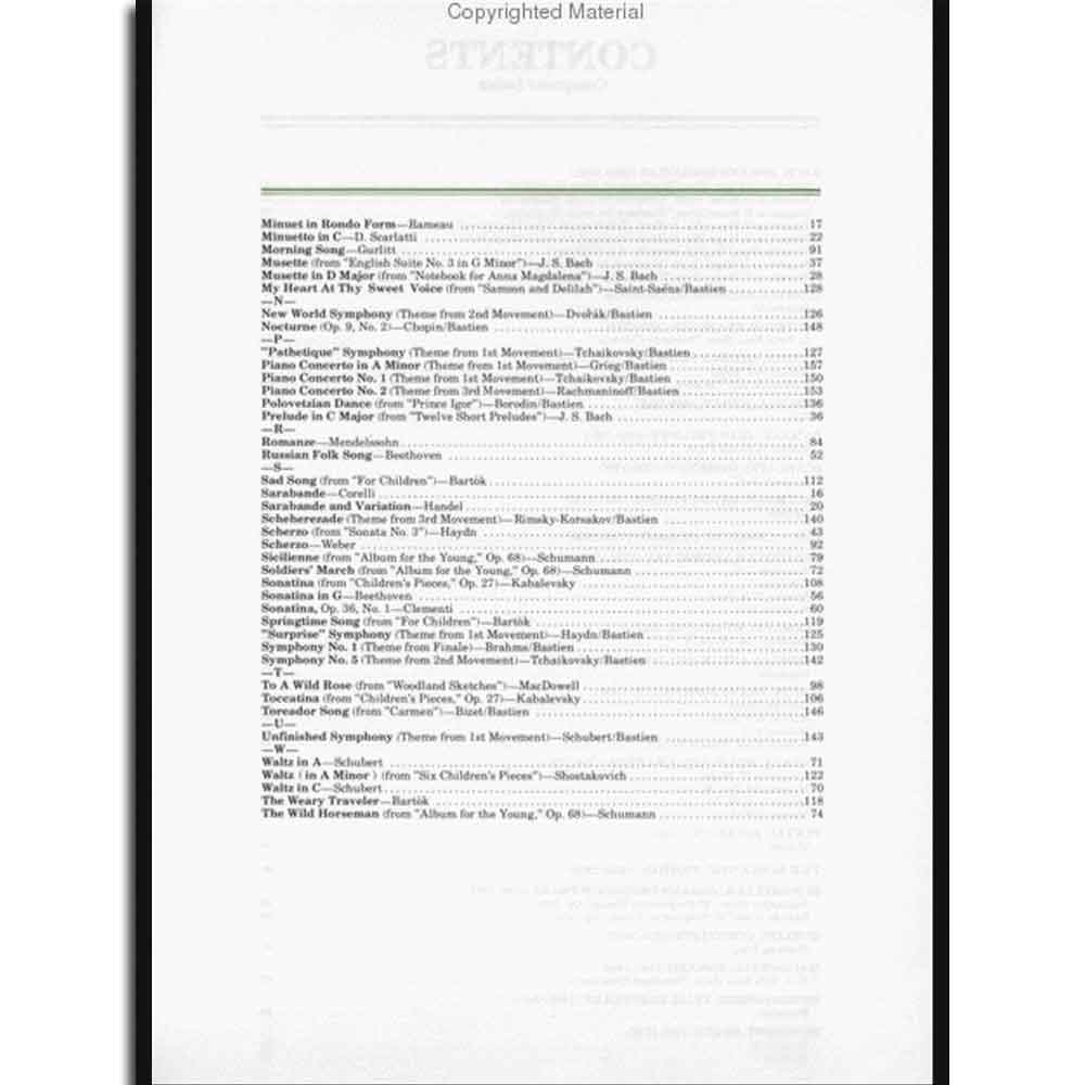The image shows a page from a classical music book, likely an index or table of contents. It lists well-known compositions alphabetically by composers such as Bach, Beethoven, Brahms, Chopin, Dvořák, Grieg, Handel, Haydn, Mendelssohn, Schubert, Schumann, and Tchaikovsky, with corresponding page numbers. This suggests the book is a piano anthology or songbook for students and musicians.