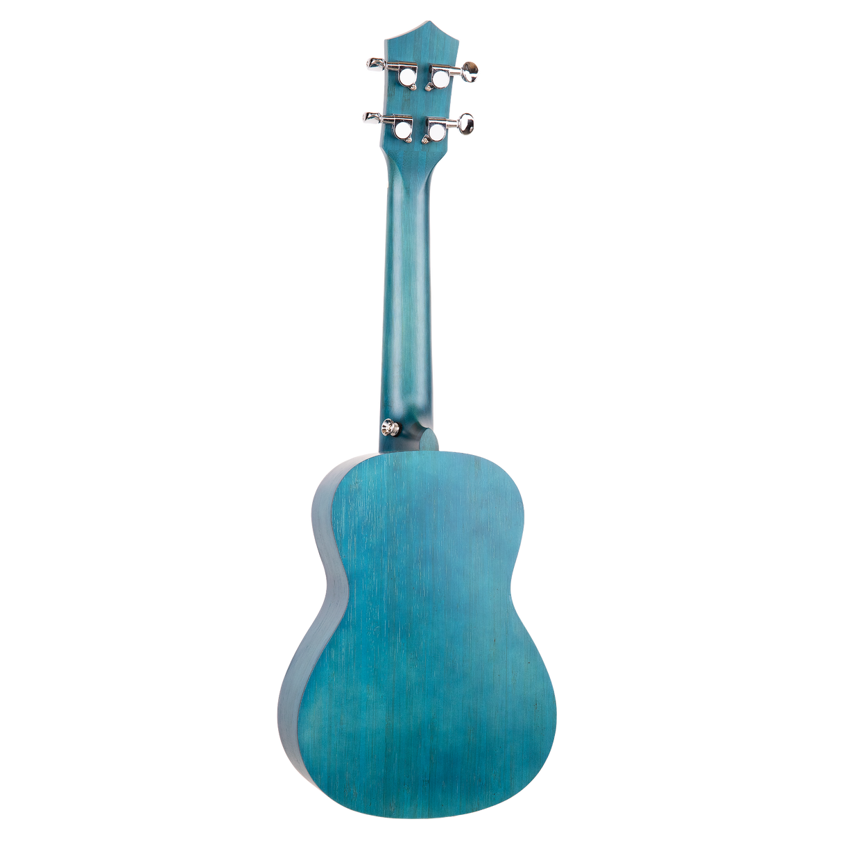 The backside of a blue ukulele on a white background