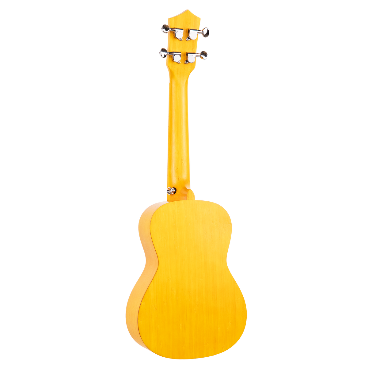 The backside of a yellow ukulele on a white background