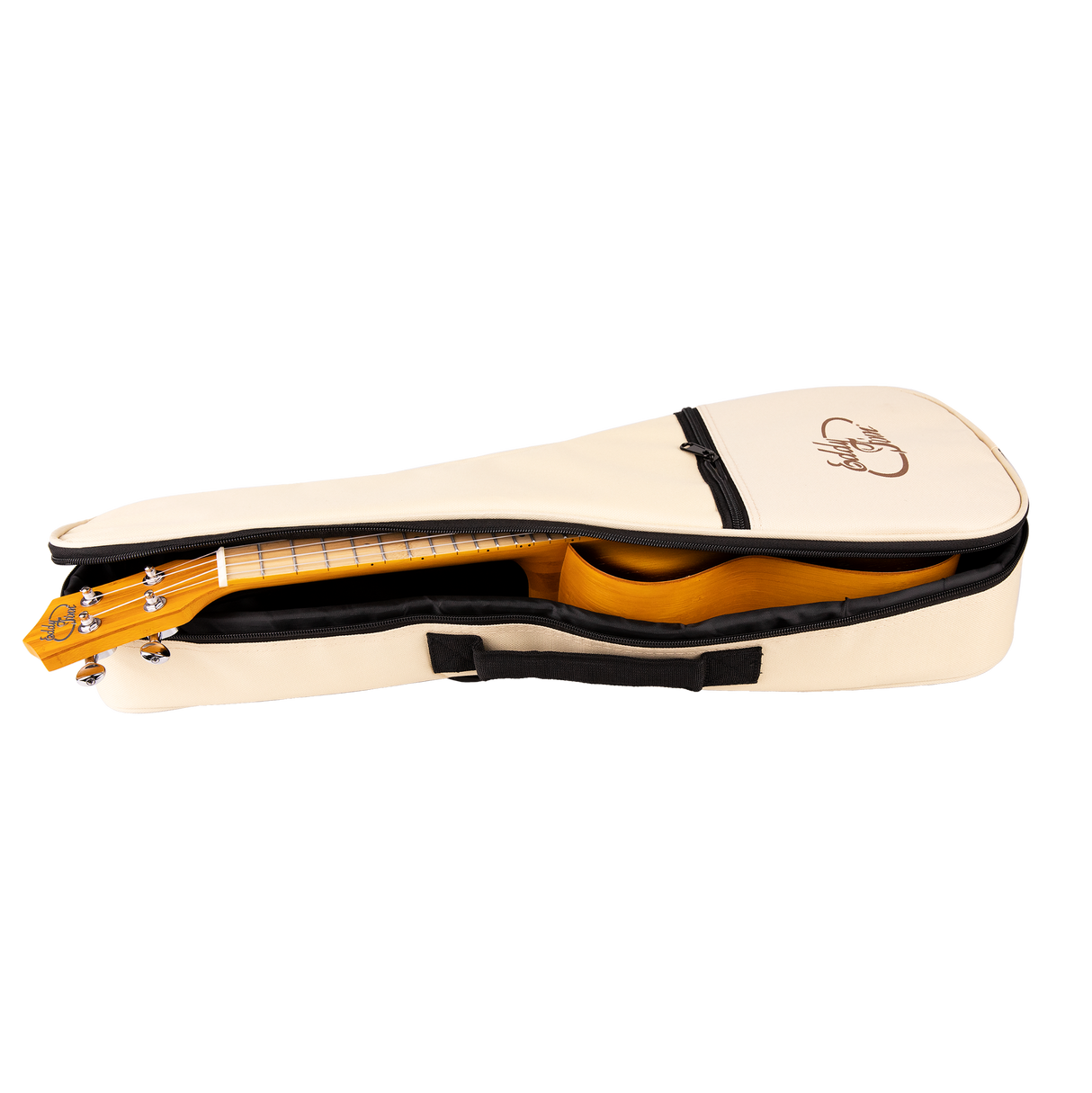 A ukulele with a sunburst color finish inside off a gig bag with Eddy Finn branding