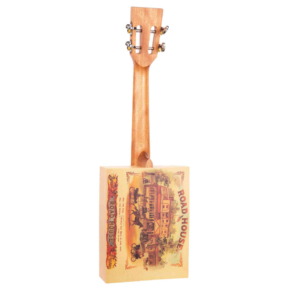 The image shows a unique cigar box guitar with a rectangular wooden body, a wooden neck, and a headstock featuring 4 tuning pegs. The box displays vintage-style "ROAD HOUSE" graphics, and the natural wood finish highlights its handcrafted, rustic look. This 4-string instrument reflects DIY music culture and is popular in blues and folk for its raw, authentic sound and vintage charm.